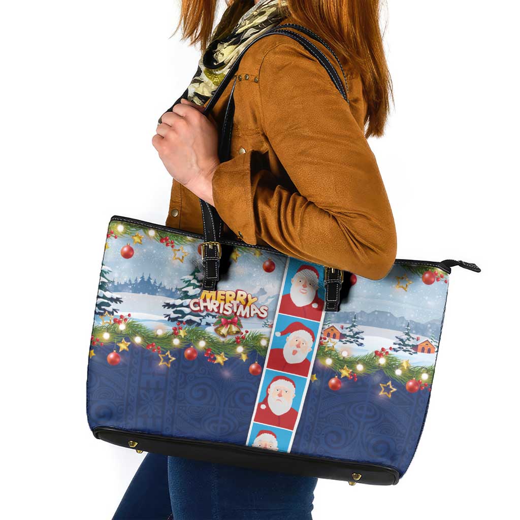 Merry Christmas Leather Tote Bag Funny Santa Claus Cards Photo and Polynesian Pattern Blue Color LT03 Blue - Polynesian Pride