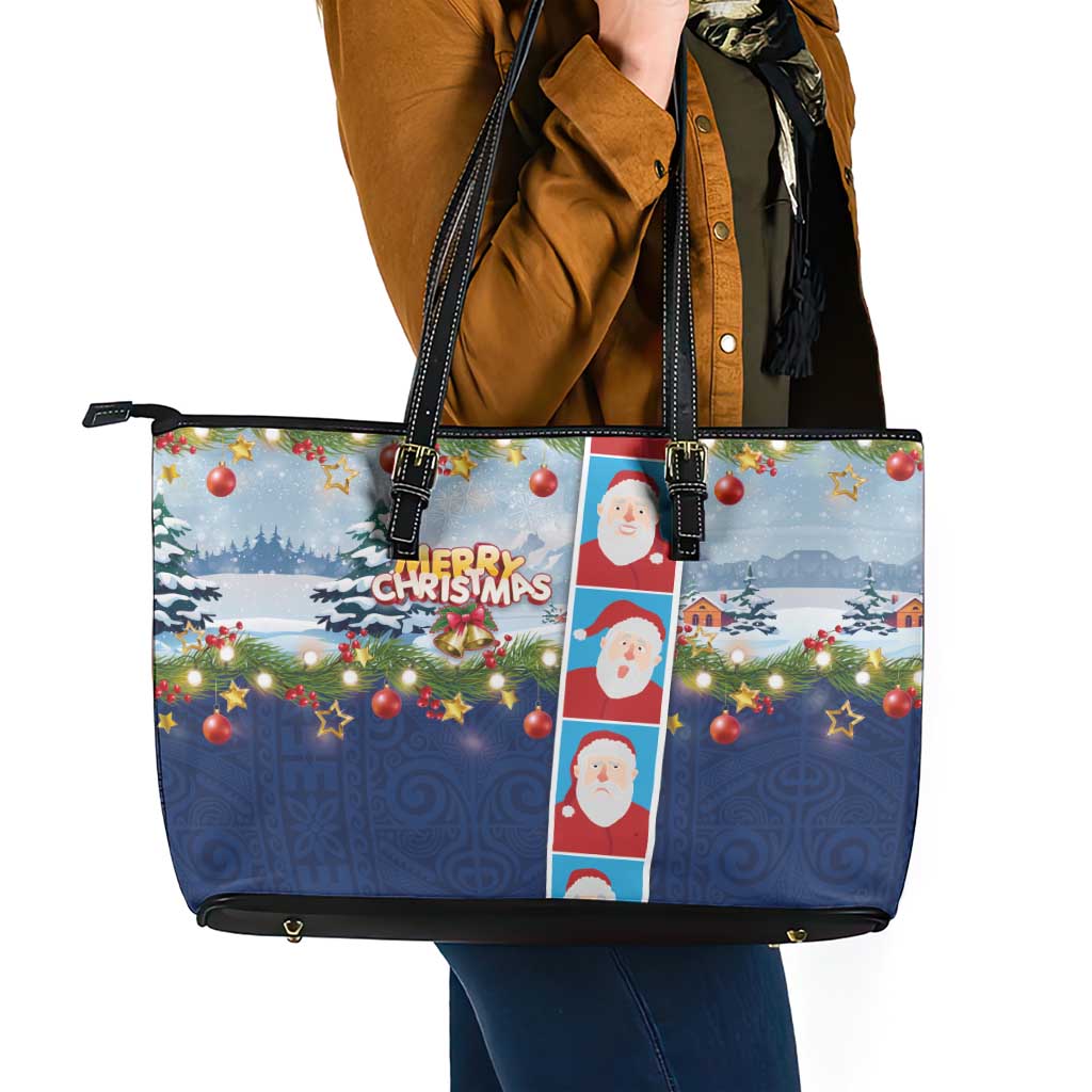 Merry Christmas Leather Tote Bag Funny Santa Claus Cards Photo and Polynesian Pattern Blue Color LT03 - Polynesian Pride