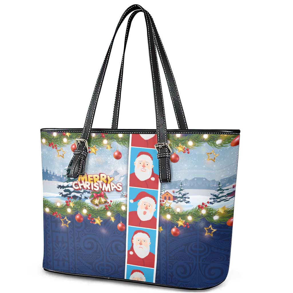 Merry Christmas Leather Tote Bag Funny Santa Claus Cards Photo and Polynesian Pattern Blue Color LT03 - Polynesian Pride