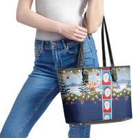 Merry Christmas Leather Tote Bag Funny Santa Claus Cards Photo and Polynesian Pattern Blue Color LT03 - Polynesian Pride