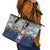 Merry Christmas Leather Tote Bag Funny Santa Claus Cards Photo and Polynesian Pattern Blue Color LT03