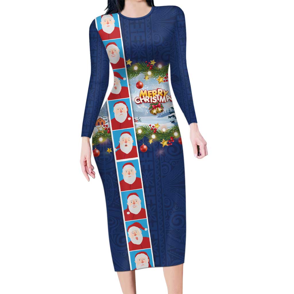 Merry Christmas Long Sleeve Bodycon Dress Funny Santa Claus Cards Photo and Polynesian Pattern Blue Color