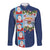 Merry Christmas Long Sleeve Button Shirt Funny Santa Claus Cards Photo and Polynesian Pattern Blue Color