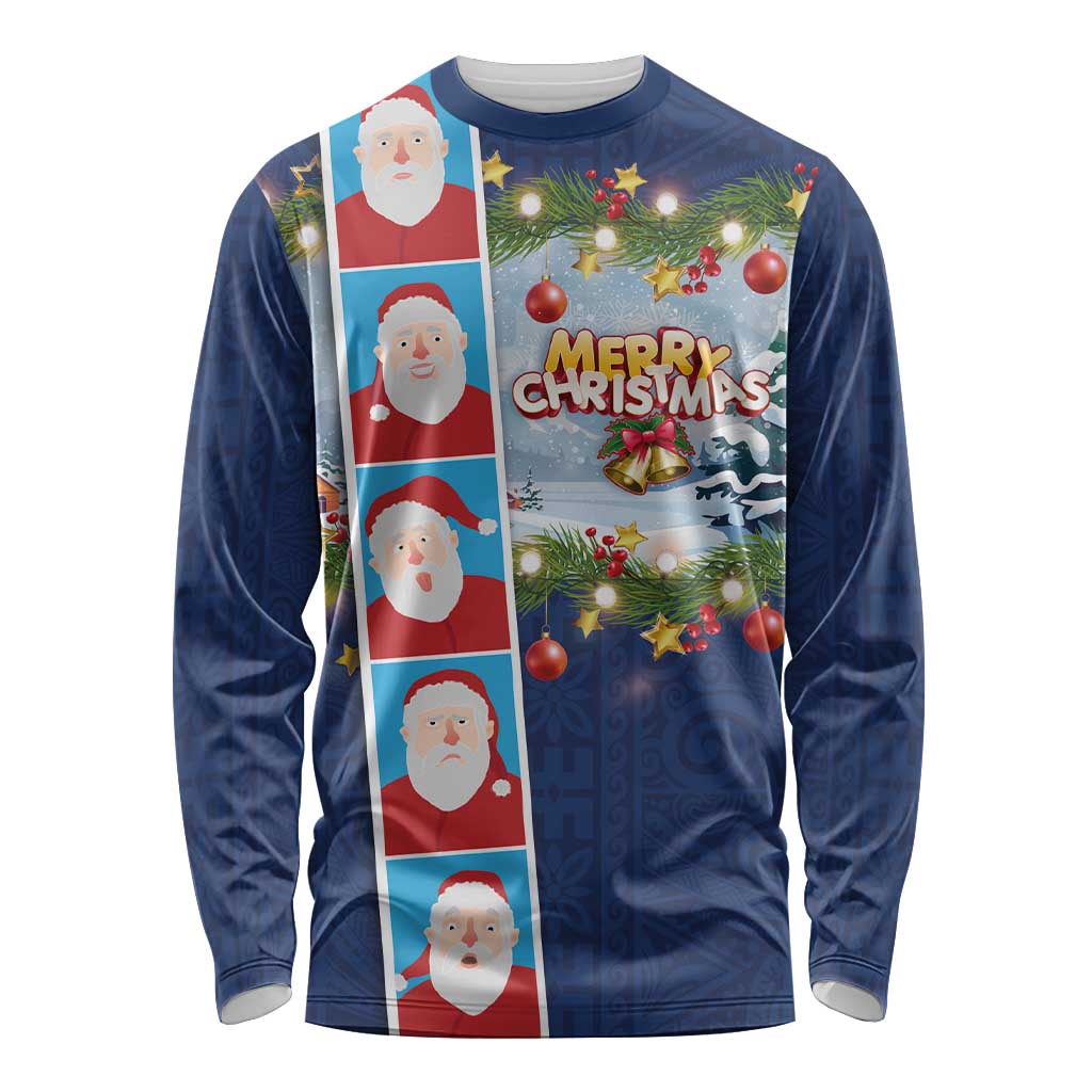 Merry Christmas Long Sleeve Shirt Funny Santa Claus Cards Photo and Polynesian Pattern Blue Color