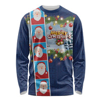 Merry Christmas Long Sleeve Shirt Funny Santa Claus Cards Photo and Polynesian Pattern Blue Color
