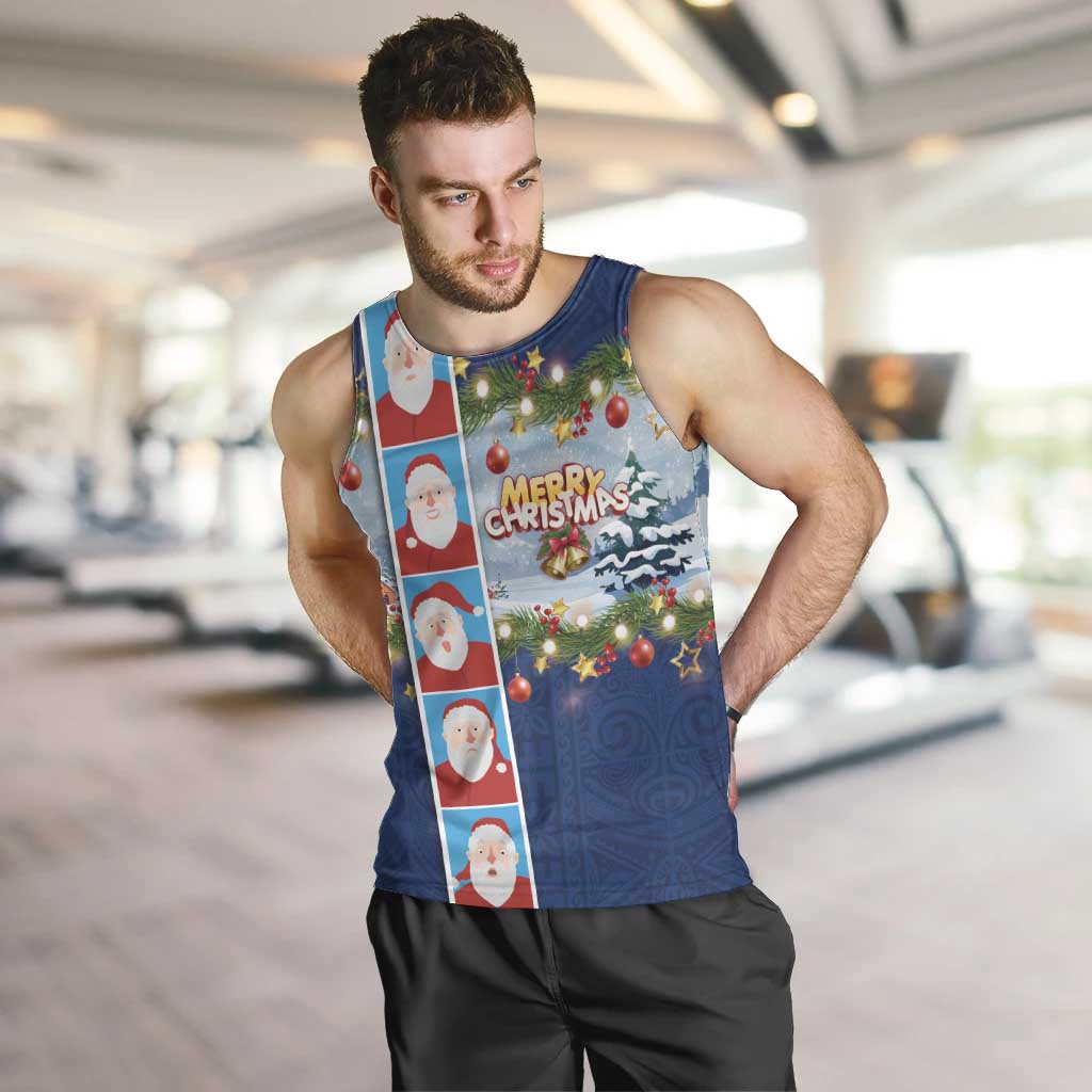 Merry Christmas Men Tank Top Funny Santa Claus Cards Photo and Polynesian Pattern Blue Color LT03 Blue - Polynesian Pride