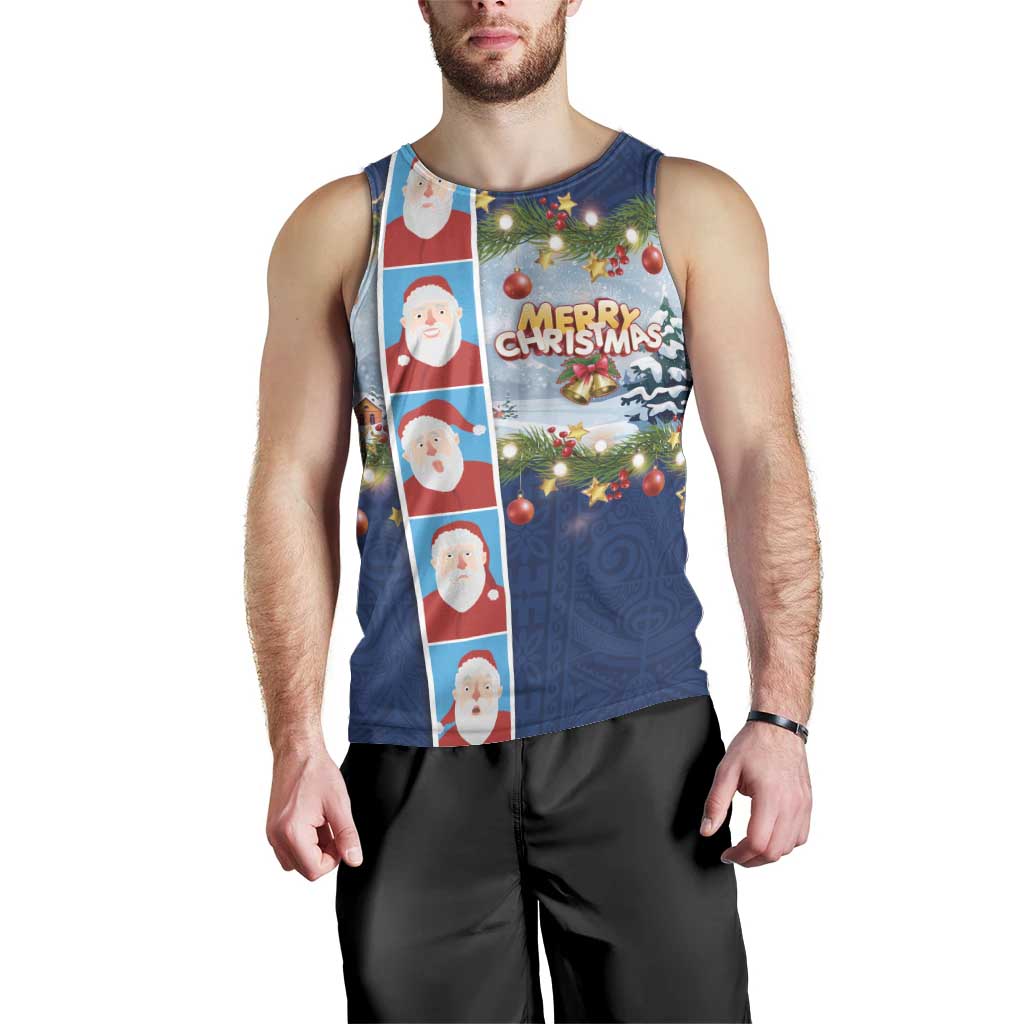 Merry Christmas Men Tank Top Funny Santa Claus Cards Photo and Polynesian Pattern Blue Color LT03 - Polynesian Pride