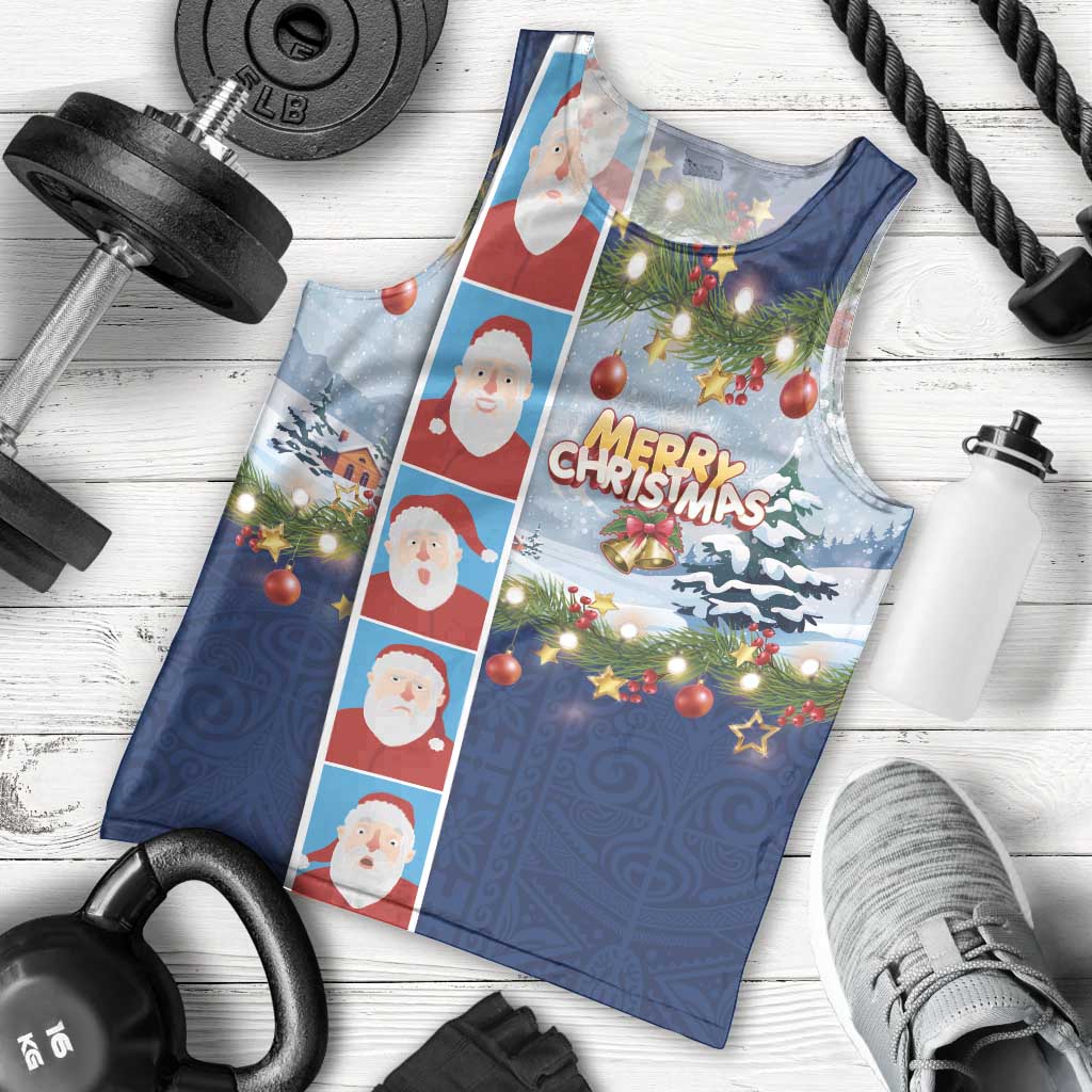 Merry Christmas Men Tank Top Funny Santa Claus Cards Photo and Polynesian Pattern Blue Color LT03 - Polynesian Pride