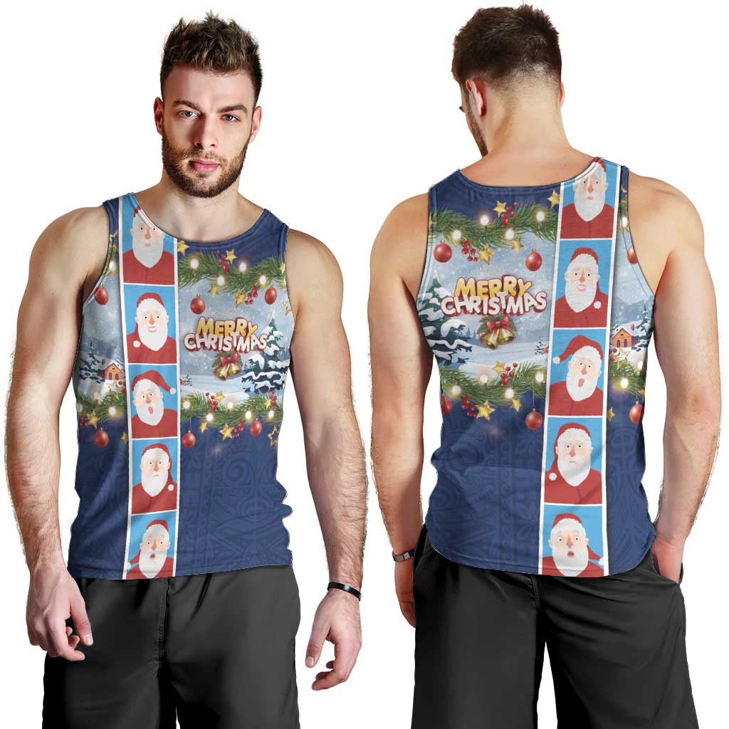 Merry Christmas Men Tank Top Funny Santa Claus Cards Photo and Polynesian Pattern Blue Color LT03 - Polynesian Pride