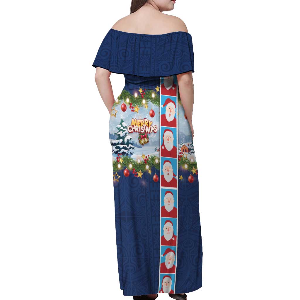 Merry Christmas Off Shoulder Maxi Dress Funny Santa Claus Cards Photo and Polynesian Pattern Blue Color LT03 - Polynesian Pride