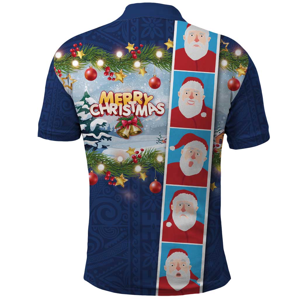Merry Christmas Polo Shirt Funny Santa Claus Cards Photo and Polynesian Pattern Blue Color
