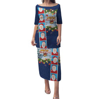 Merry Christmas Puletasi Funny Santa Claus Cards Photo and Polynesian Pattern Blue Color LT03 Long Dress Blue - Polynesian Pride