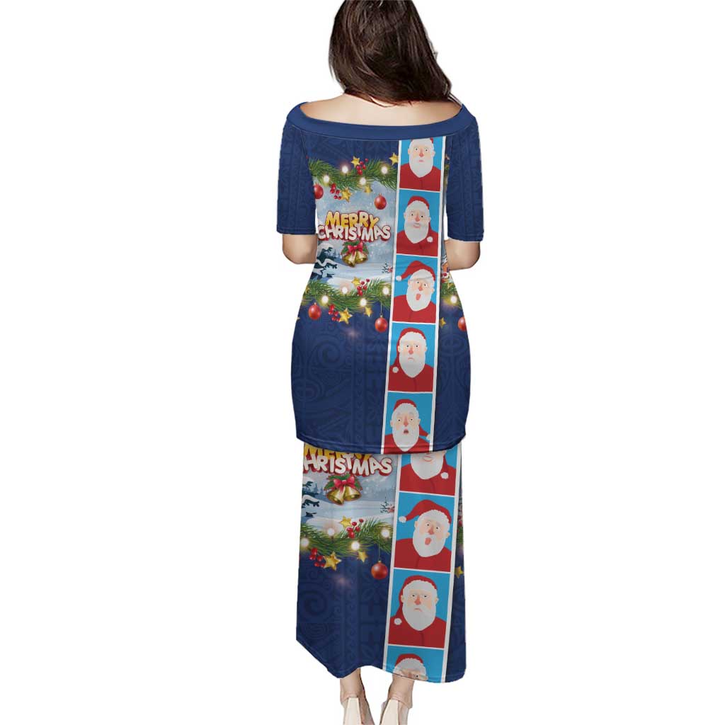 Merry Christmas Puletasi Funny Santa Claus Cards Photo and Polynesian Pattern Blue Color LT03 - Polynesian Pride