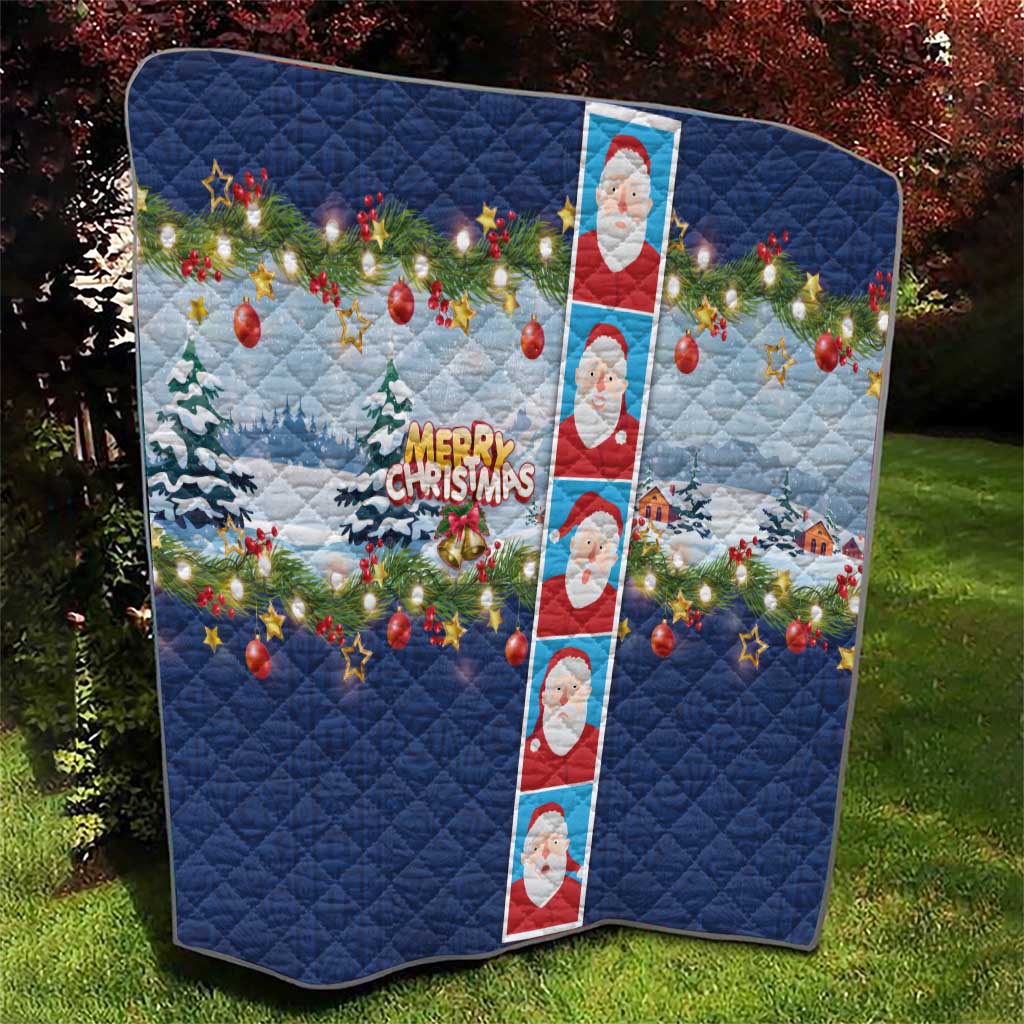 Merry Christmas Quilt Funny Santa Claus Cards Photo and Polynesian Pattern Blue Color LT03