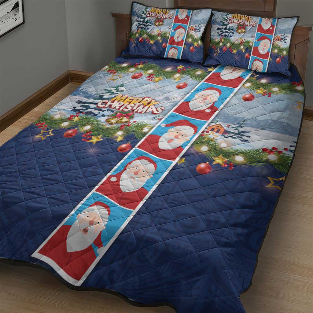 Merry Christmas Quilt Bed Set Funny Santa Claus Cards Photo and Polynesian Pattern Blue Color LT03 - Polynesian Pride