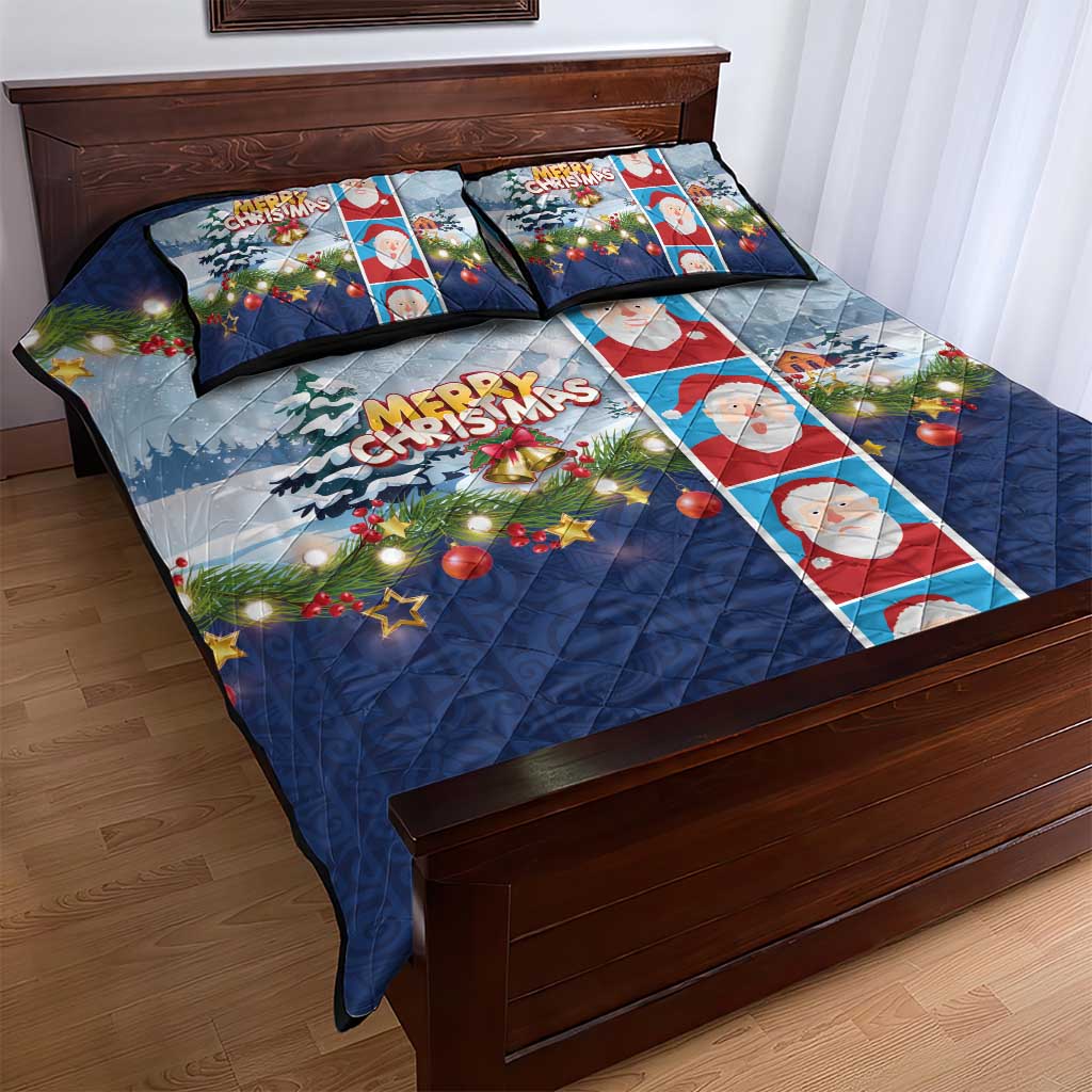 Merry Christmas Quilt Bed Set Funny Santa Claus Cards Photo and Polynesian Pattern Blue Color LT03 - Polynesian Pride