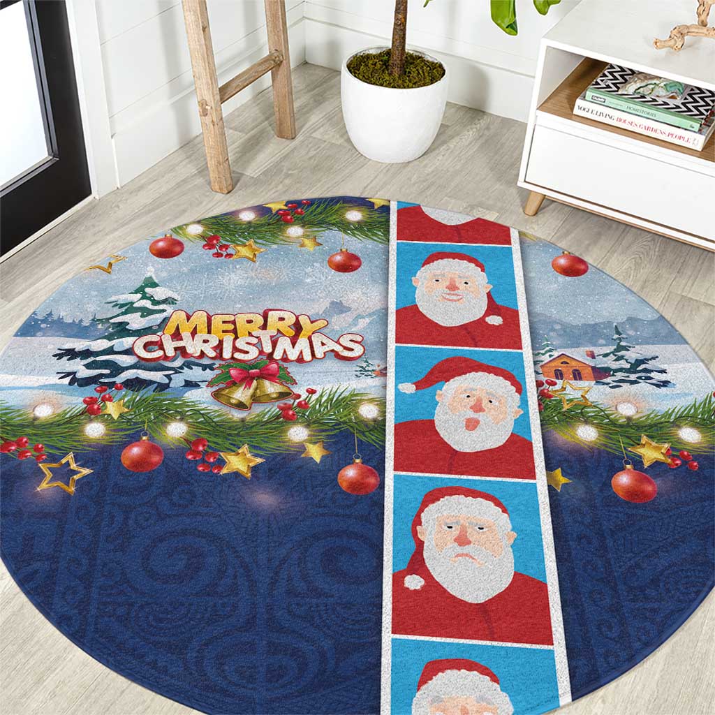 Merry Christmas Round Carpet Funny Santa Claus Cards Photo and Polynesian Pattern Blue Color LT03