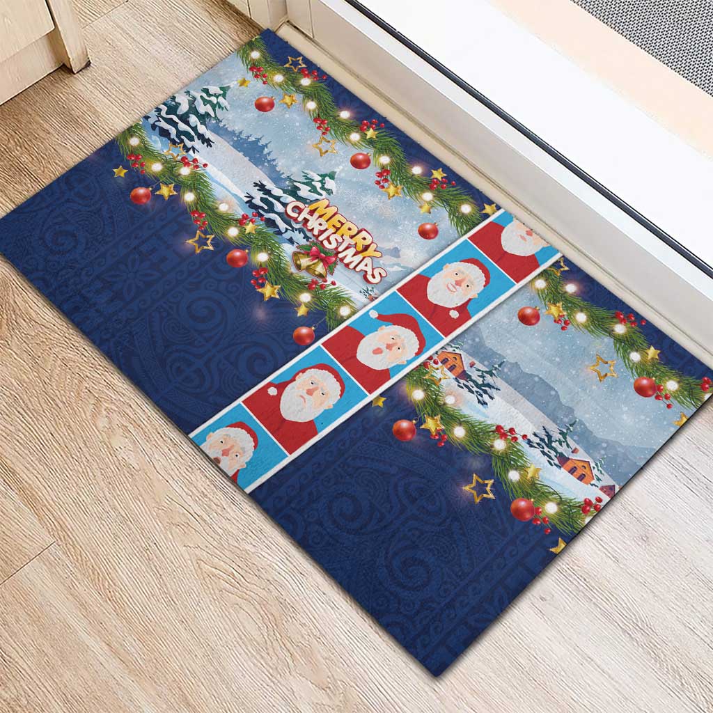 Merry Christmas Rubber Doormat Funny Santa Claus Cards Photo and Polynesian Pattern Blue Color LT03 - Polynesian Pride