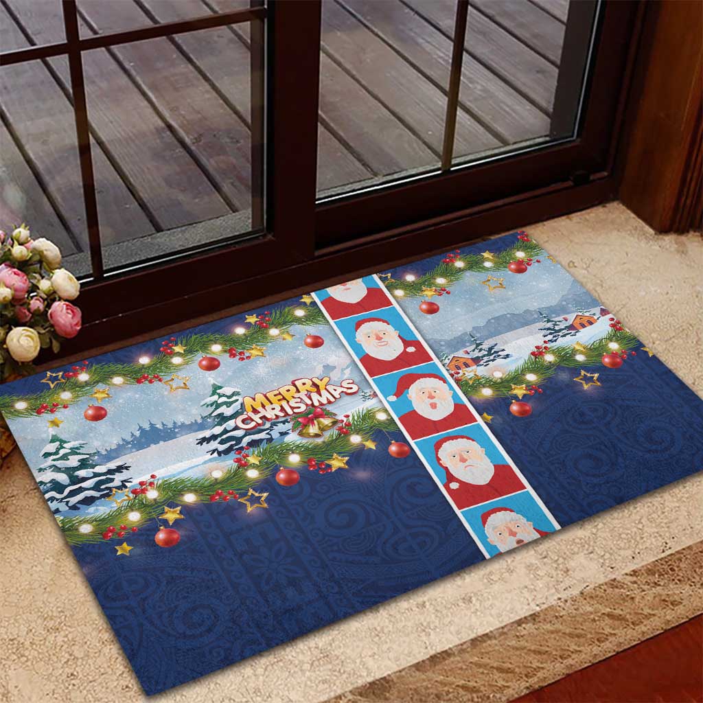 Merry Christmas Rubber Doormat Funny Santa Claus Cards Photo and Polynesian Pattern Blue Color LT03 - Polynesian Pride