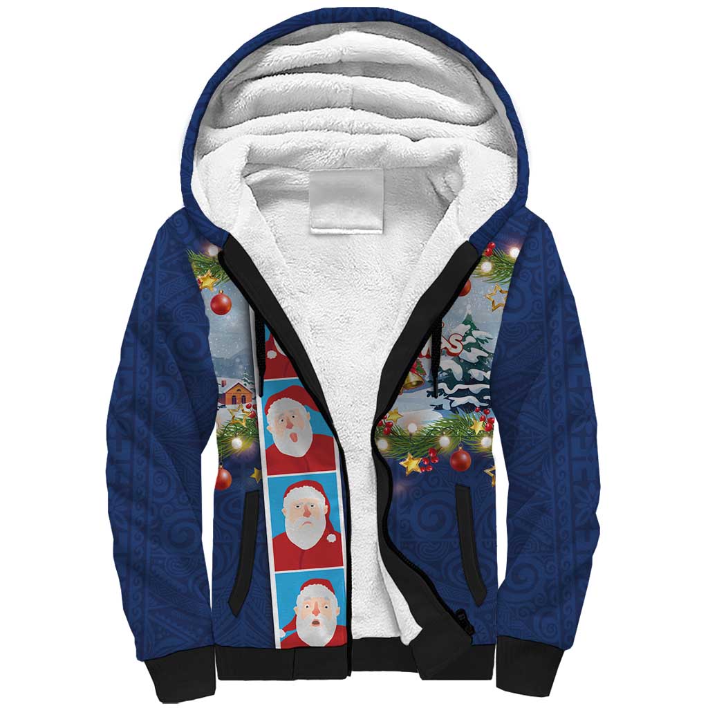 Merry Christmas Sherpa Hoodie Funny Santa Claus Cards Photo and Polynesian Pattern Blue Color