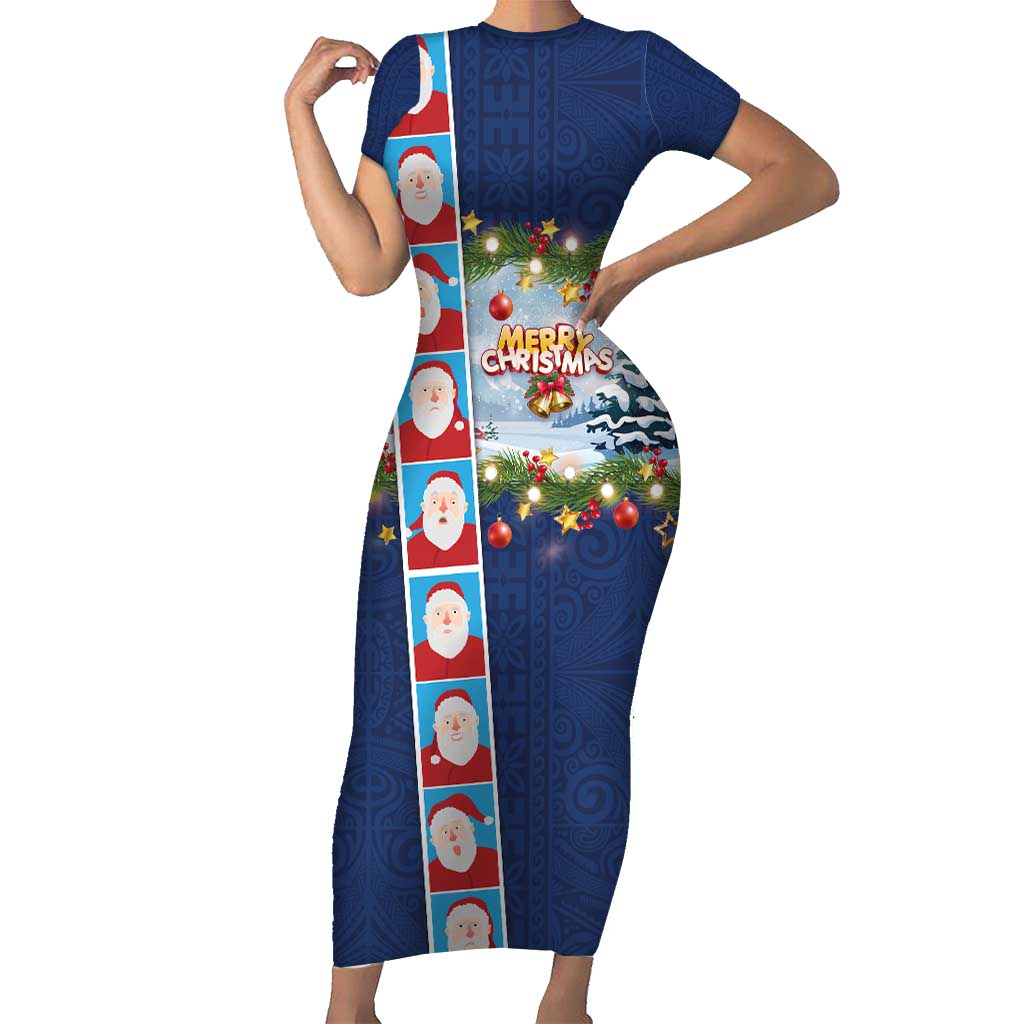 Merry Christmas Short Sleeve Bodycon Dress Funny Santa Claus Cards Photo and Polynesian Pattern Blue Color