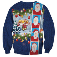 Merry Christmas Sweatshirt Funny Santa Claus Cards Photo and Polynesian Pattern Blue Color LT03 - Polynesian Pride