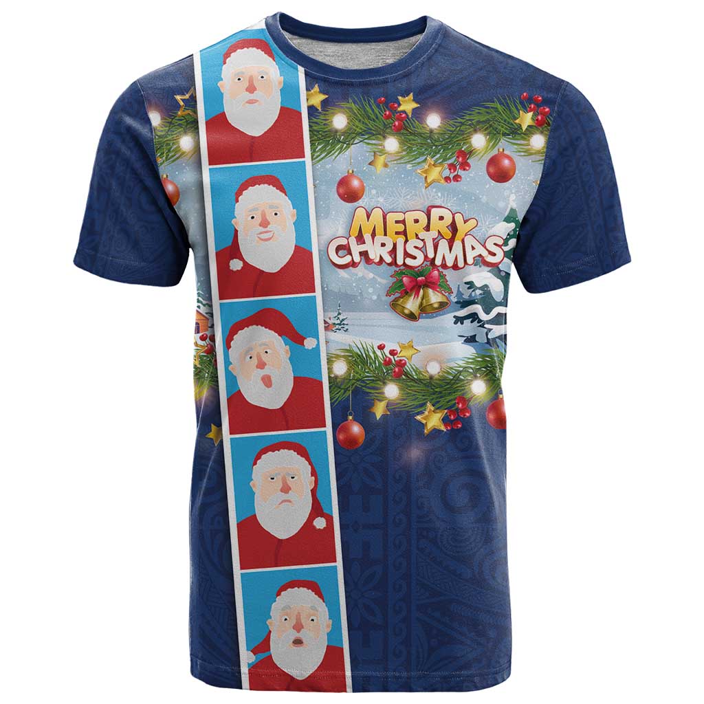 Merry Christmas T Shirt Funny Santa Claus Cards Photo and Polynesian Pattern Blue Color