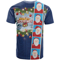 Merry Christmas T Shirt Funny Santa Claus Cards Photo and Polynesian Pattern Blue Color LT03 - Polynesian Pride