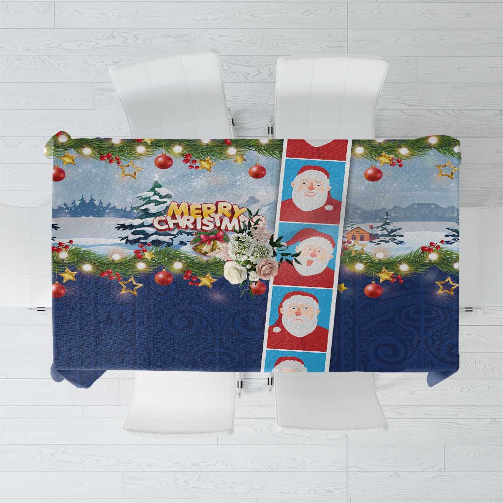Merry Christmas Tablecloth Funny Santa Claus Cards Photo and Polynesian Pattern Blue Color LT03 Blue - Polynesian Pride