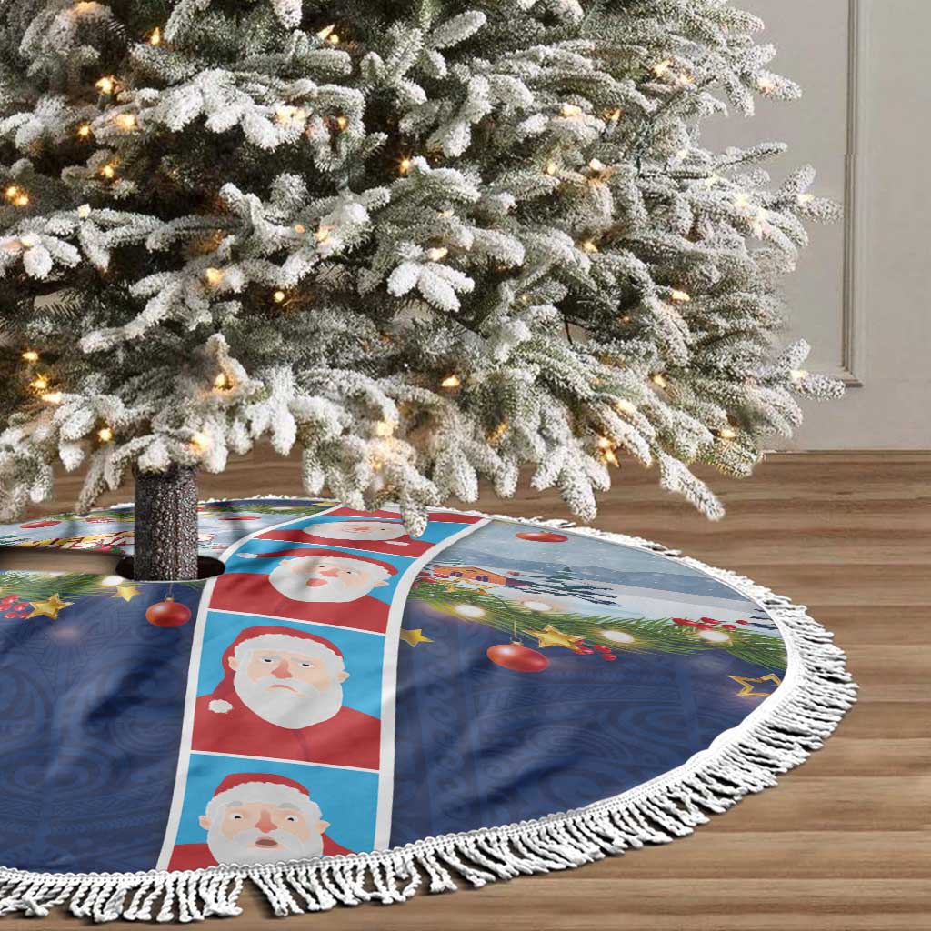Merry Christmas Tree Skirt Funny Santa Claus Cards Photo and Polynesian Pattern Blue Color