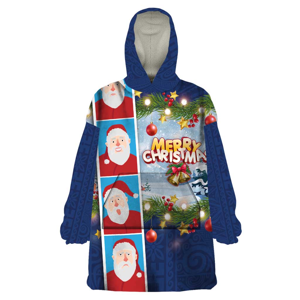 Merry Christmas Wearable Blanket Hoodie Funny Santa Claus Cards Photo and Polynesian Pattern Blue Color LT03 One Size Blue - Polynesian Pride