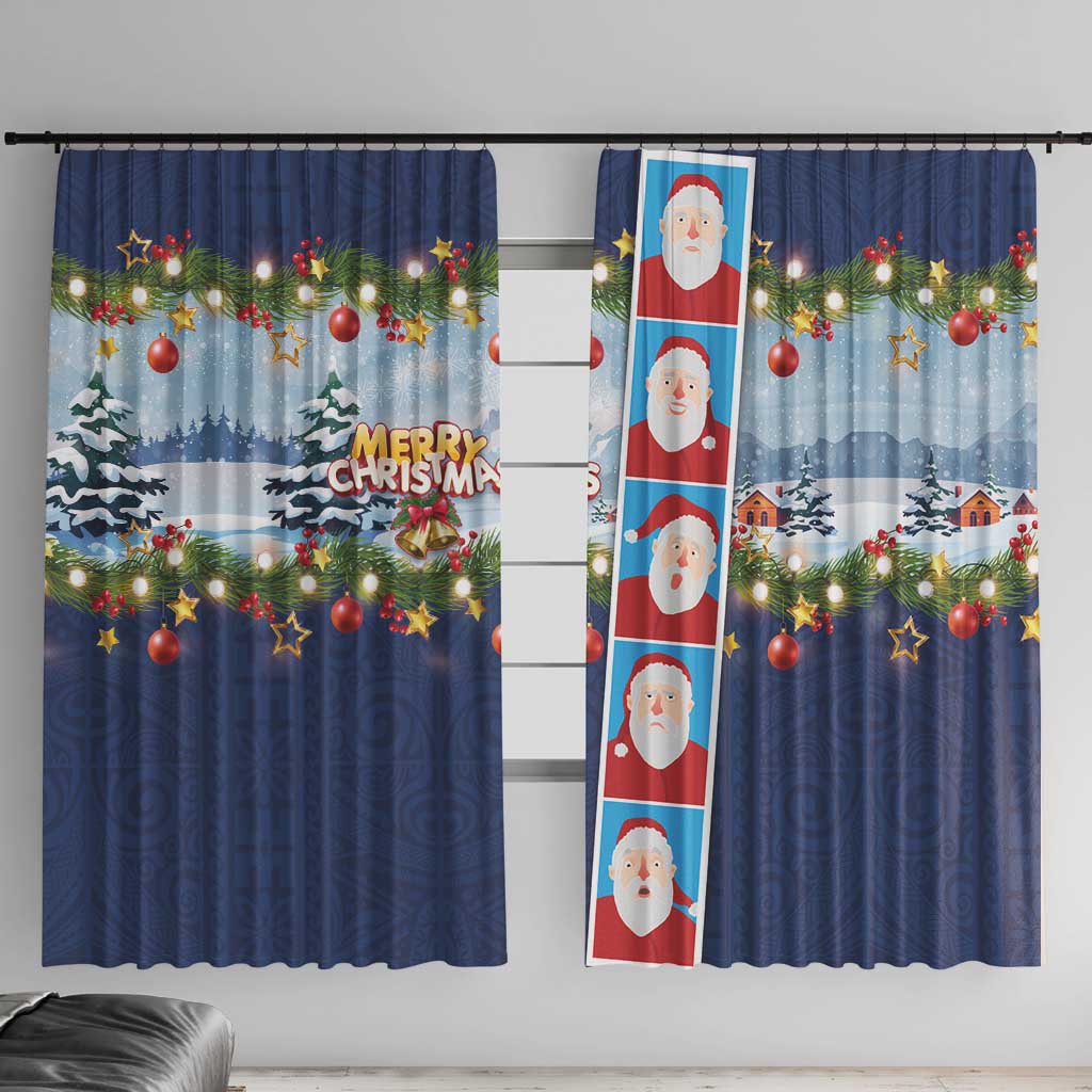 Merry Christmas Window Curtain Funny Santa Claus Cards Photo and Polynesian Pattern Blue Color LT03 With Hooks Blue - Polynesian Pride