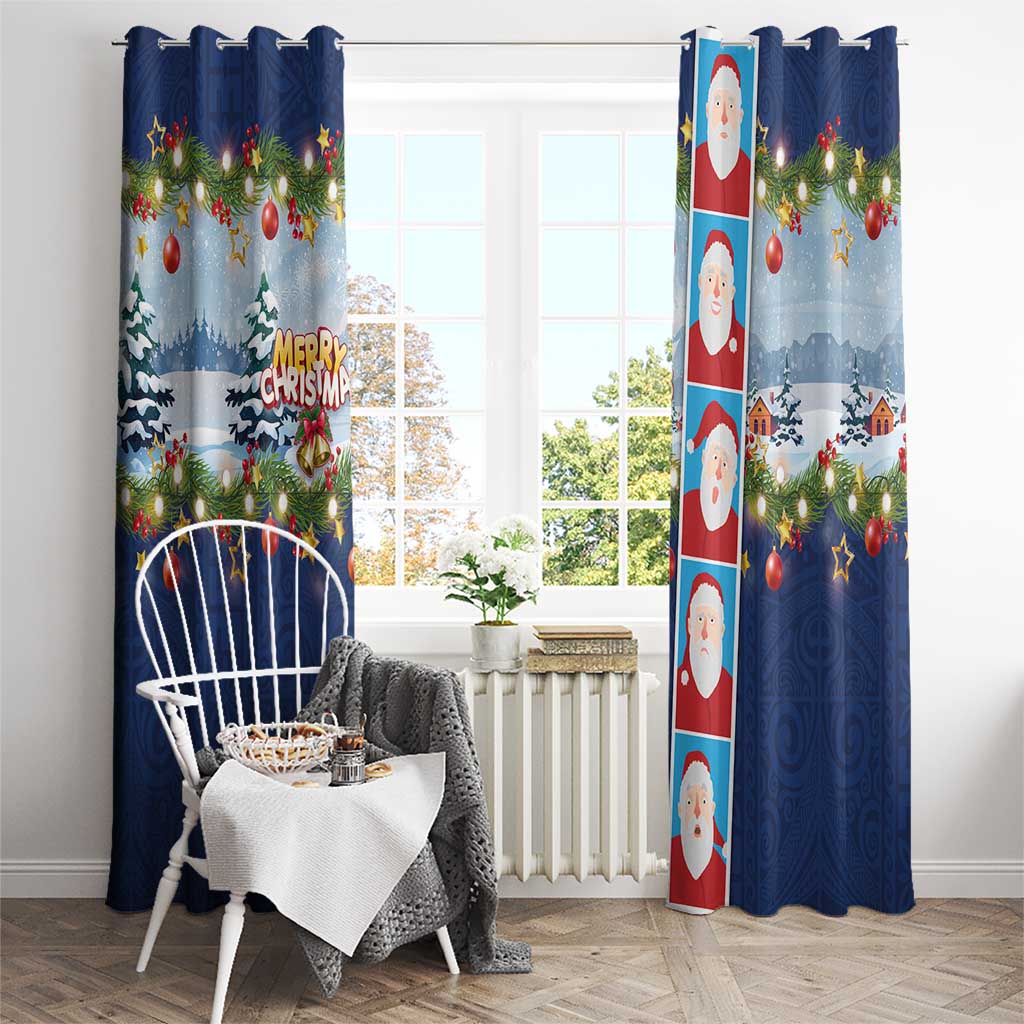 Merry Christmas Window Curtain Funny Santa Claus Cards Photo and Polynesian Pattern Blue Color LT03 - Polynesian Pride