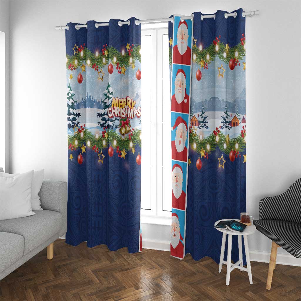 Merry Christmas Window Curtain Funny Santa Claus Cards Photo and Polynesian Pattern Blue Color LT03 With Grommets Blue - Polynesian Pride