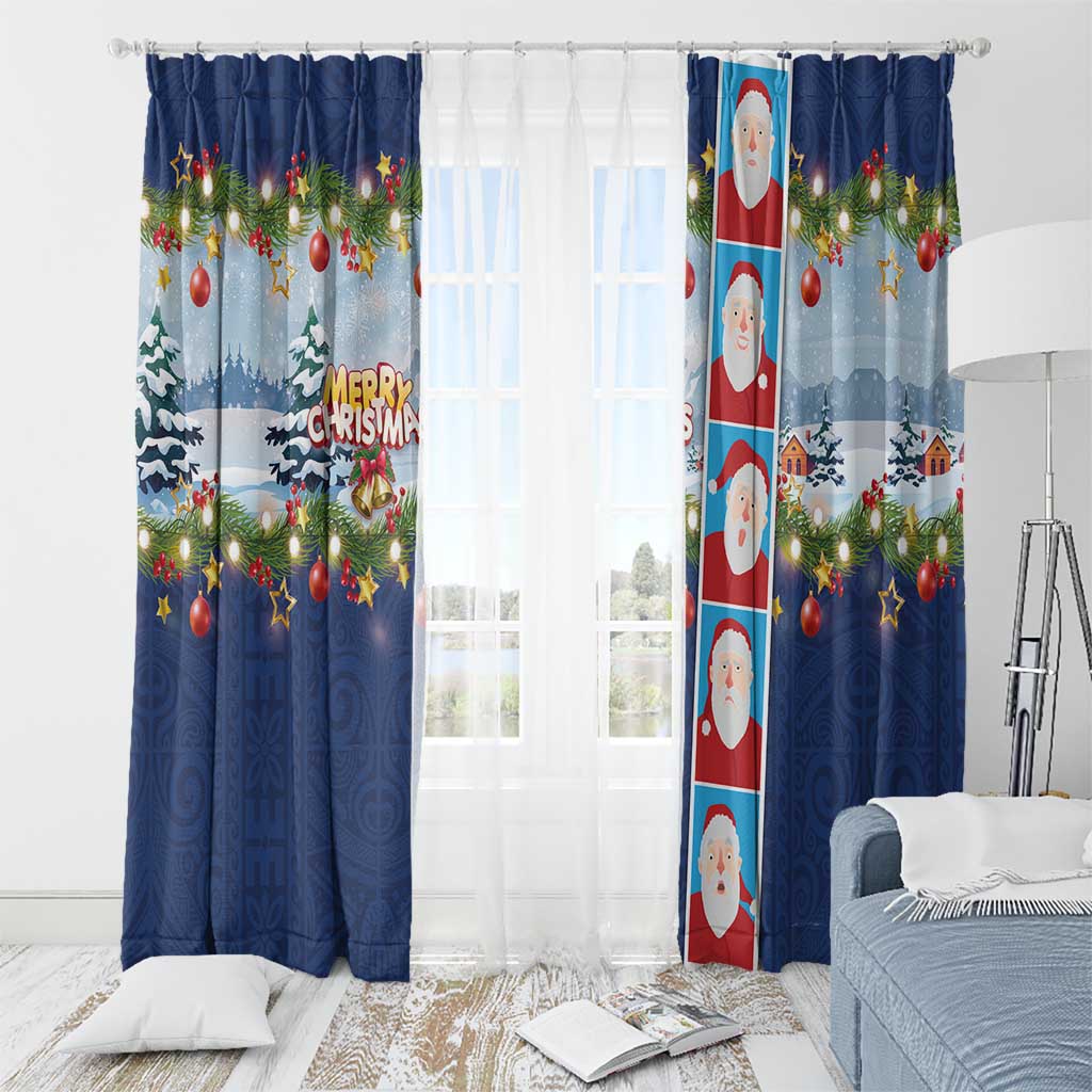 Merry Christmas Window Curtain Funny Santa Claus Cards Photo and Polynesian Pattern Blue Color LT03 - Polynesian Pride