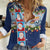 Merry Christmas Women Casual Shirt Funny Santa Claus Cards Photo and Polynesian Pattern Blue Color