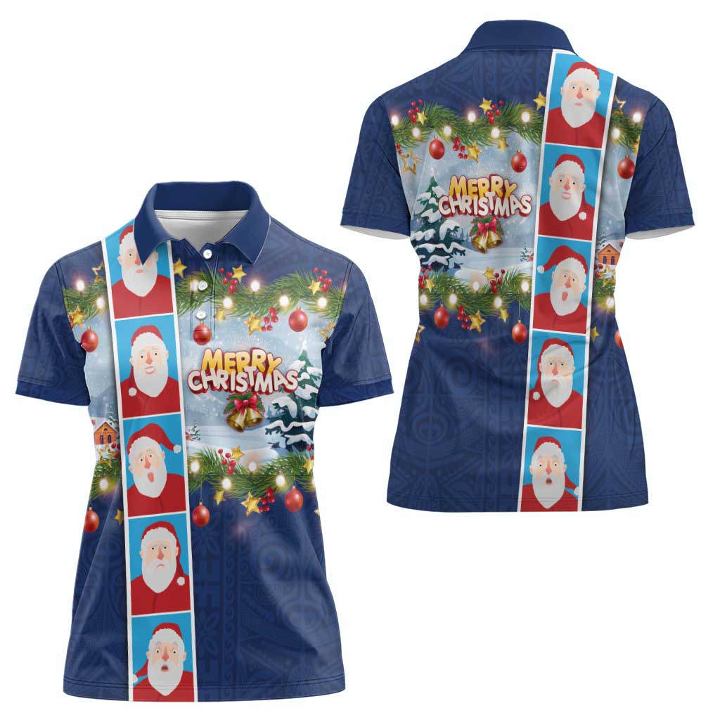 Merry Christmas Women Polo Shirt Funny Santa Claus Cards Photo and Polynesian Pattern Blue Color
