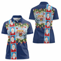 Merry Christmas Women Polo Shirt Funny Santa Claus Cards Photo and Polynesian Pattern Blue Color