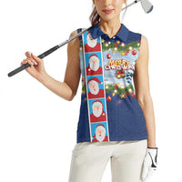 Merry Christmas Women Sleeveless Polo Shirt Funny Santa Claus Cards Photo and Polynesian Pattern Blue Color