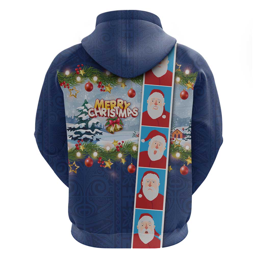 Merry Christmas Zip Hoodie Funny Santa Claus Cards Photo and Polynesian Pattern Blue Color
