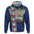 Merry Christmas Zip Hoodie Funny Santa Claus Cards Photo and Polynesian Pattern Blue Color