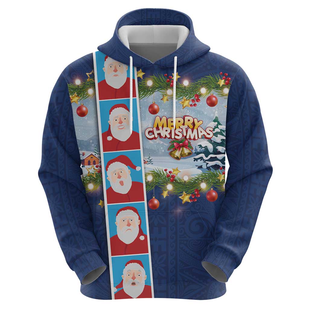 Merry Christmas Zip Hoodie Funny Santa Claus Cards Photo and Polynesian Pattern Blue Color