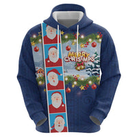 Merry Christmas Zip Hoodie Funny Santa Claus Cards Photo and Polynesian Pattern Blue Color