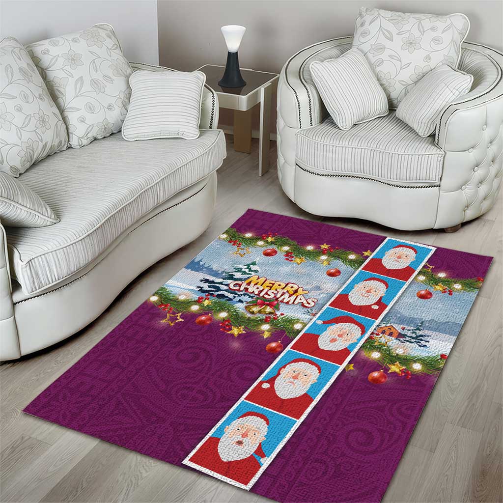 Merry Christmas Area Rug Funny Santa Claus Cards Photo and Polynesian Pattern Pink Color