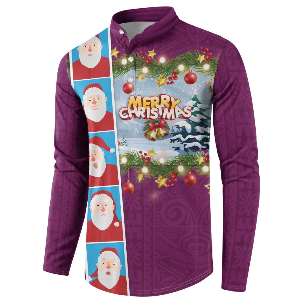 Merry Christmas Button Sweatshirt Funny Santa Claus Cards Photo and Polynesian Pattern Pink Color