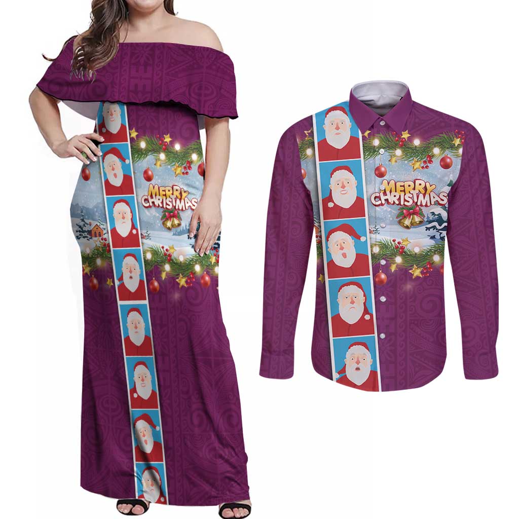 Merry Christmas Couples Matching Off Shoulder Maxi Dress and Long Sleeve Button Shirt Funny Santa Claus Cards Photo and Polynesian Pattern Pink Color