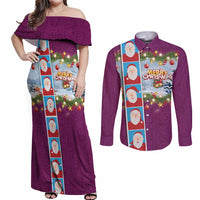 Merry Christmas Couples Matching Off Shoulder Maxi Dress and Long Sleeve Button Shirt Funny Santa Claus Cards Photo and Polynesian Pattern Pink Color