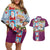 Merry Christmas Couples Matching Off Shoulder Short Dress and Hawaiian Shirt Funny Santa Claus Cards Photo and Polynesian Pattern Pink Color