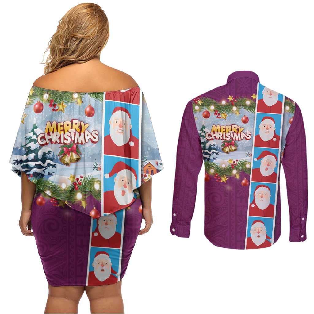 Merry Christmas Couples Matching Off Shoulder Short Dress and Long Sleeve Button Shirt Funny Santa Claus Cards Photo and Polynesian Pattern Pink Color