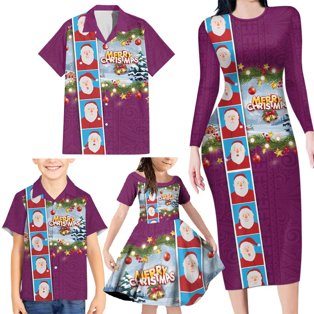 Merry Christmas Family Matching Long Sleeve Bodycon Dress and Hawaiian Shirt Funny Santa Claus Cards Photo and Polynesian Pattern Pink Color